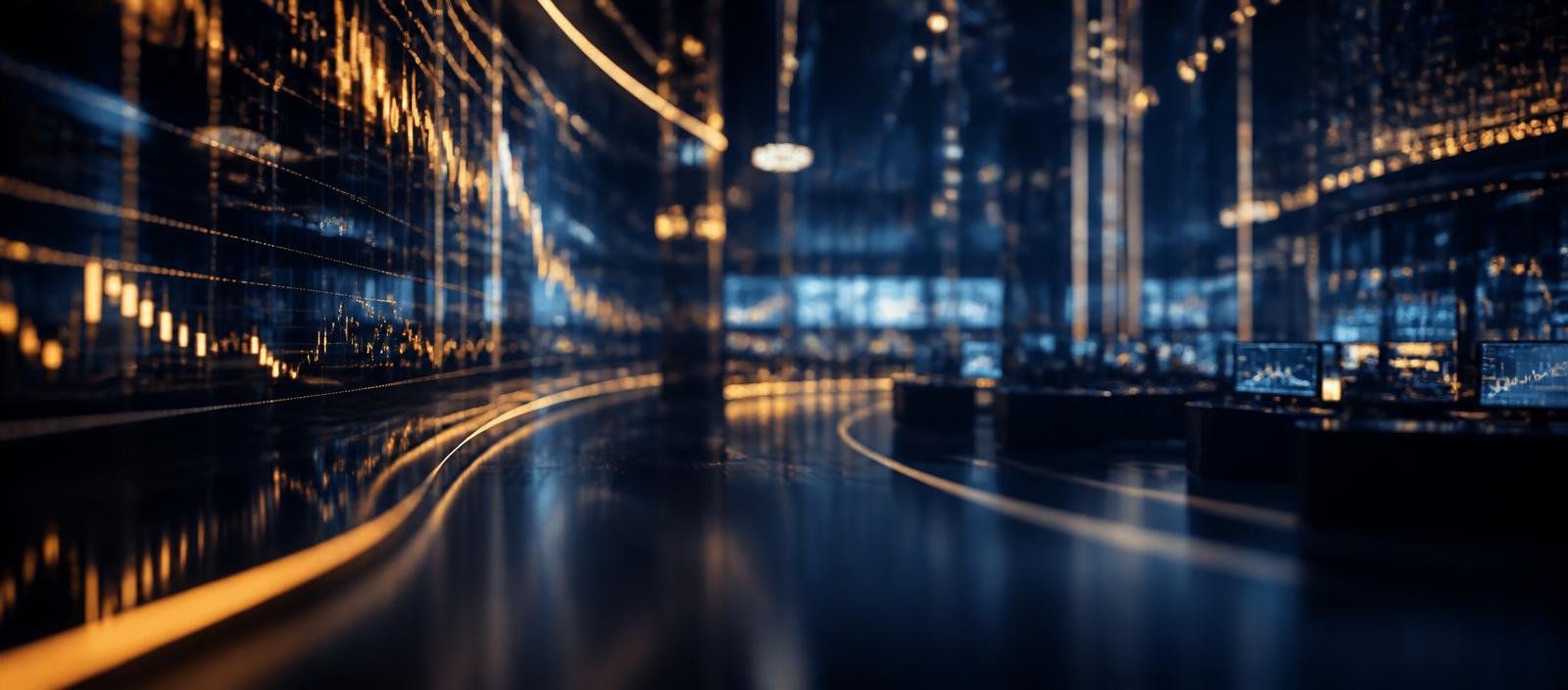 Abstract navy trading floor with gold light