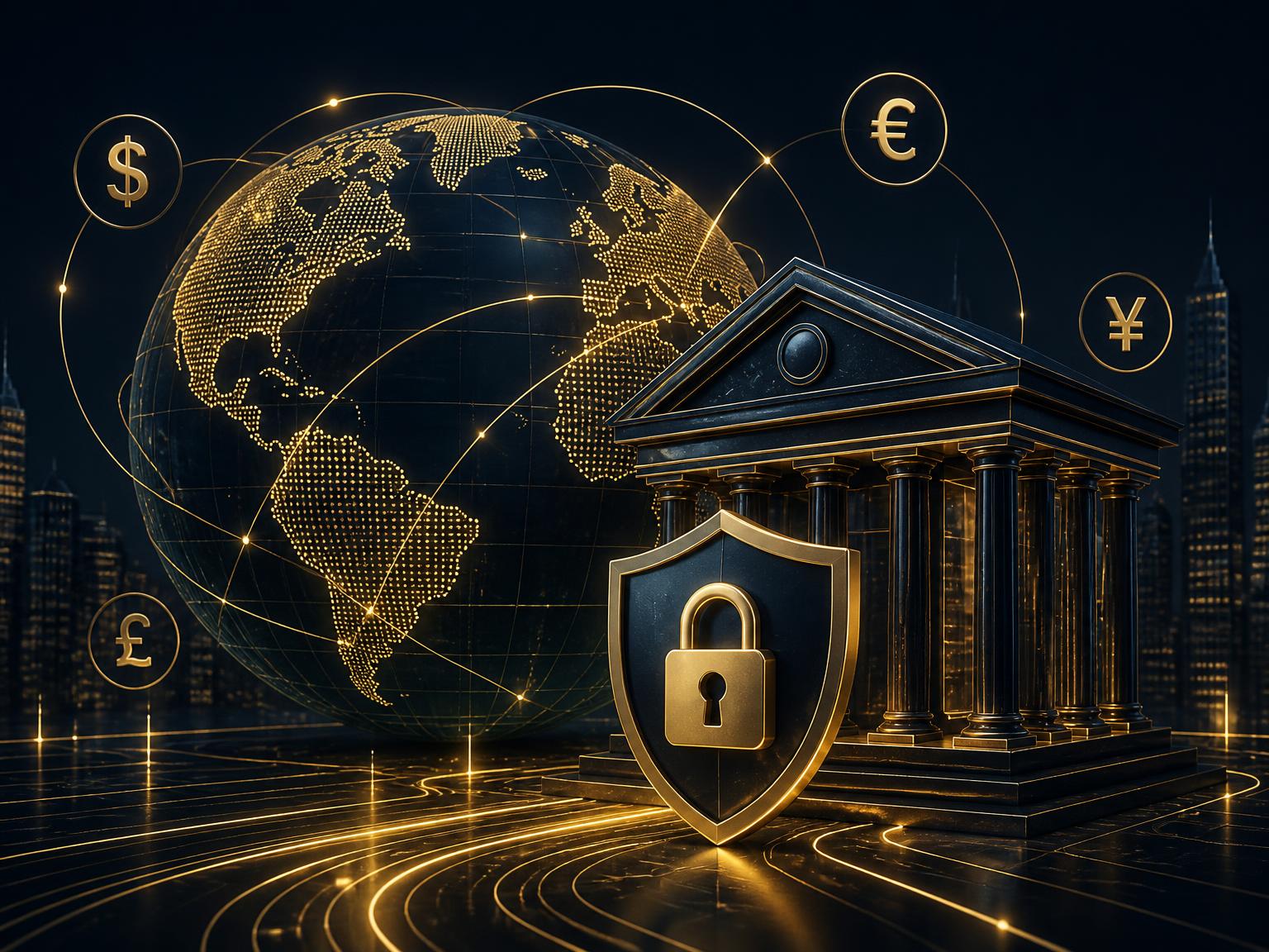 Abstract navy and gold financial infrastructure corridors