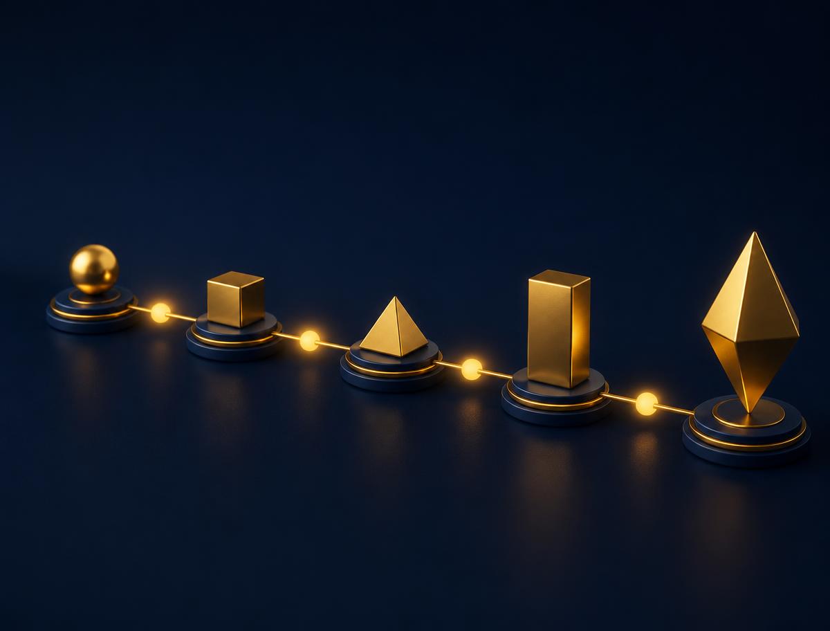 Gold milestone markers connected on a navy surface